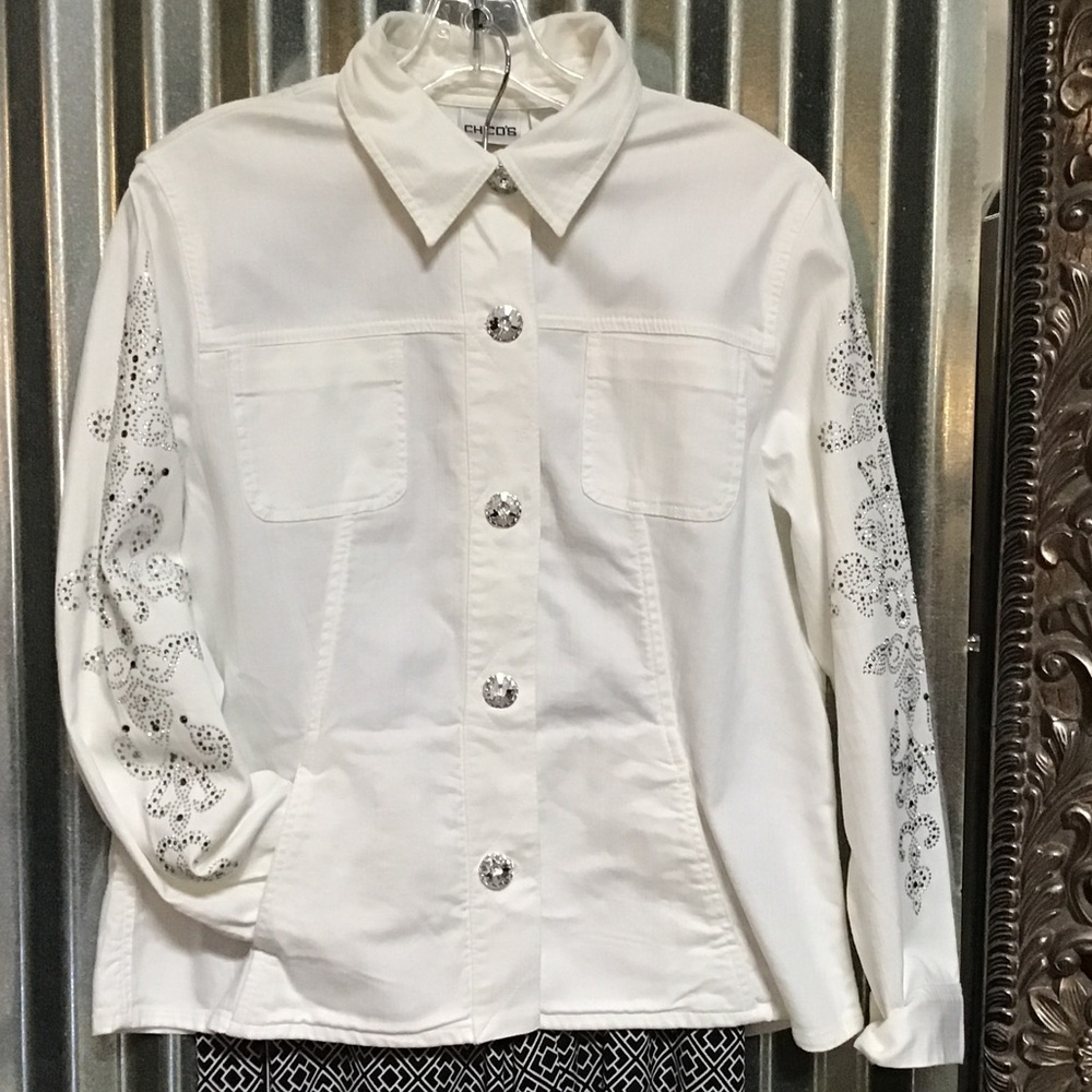 Chico's White Shirt  jacket with Embellished Sleeves and sparkly diamond buttons